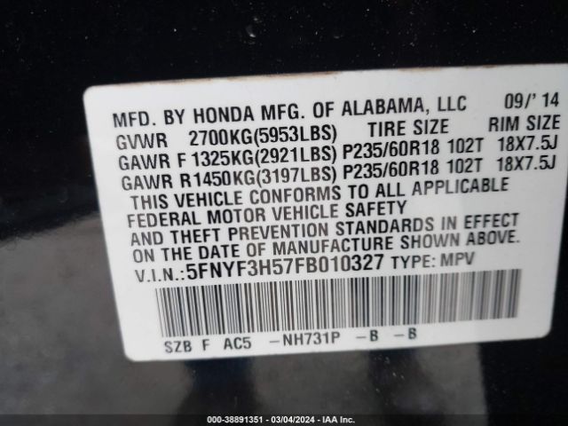 5FNYF3H57FB010327 Honda Pilot Ex-l