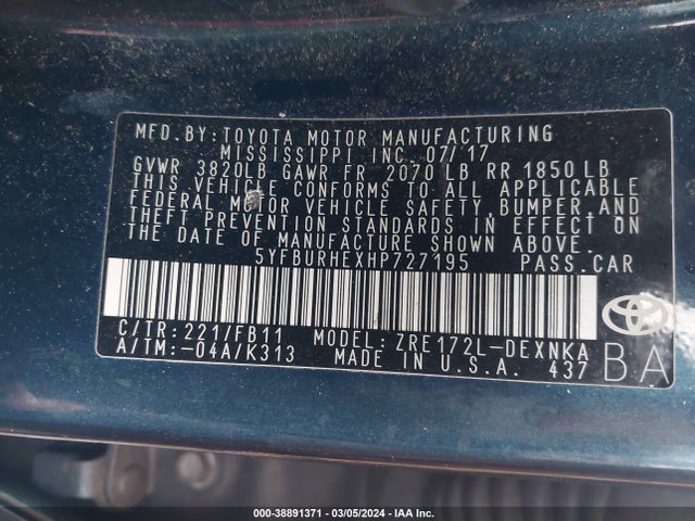 Toyota COROLLA LE 2017 5YFBURHEXHP727195 Image 9