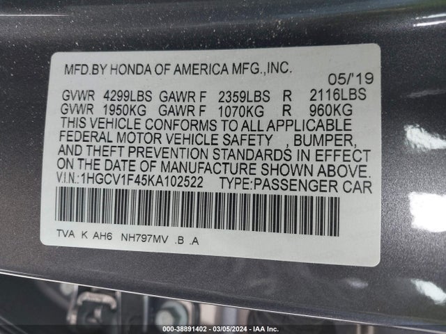 Honda ACCORD EX 2019 1HGCV1F45KA102522 Image 9