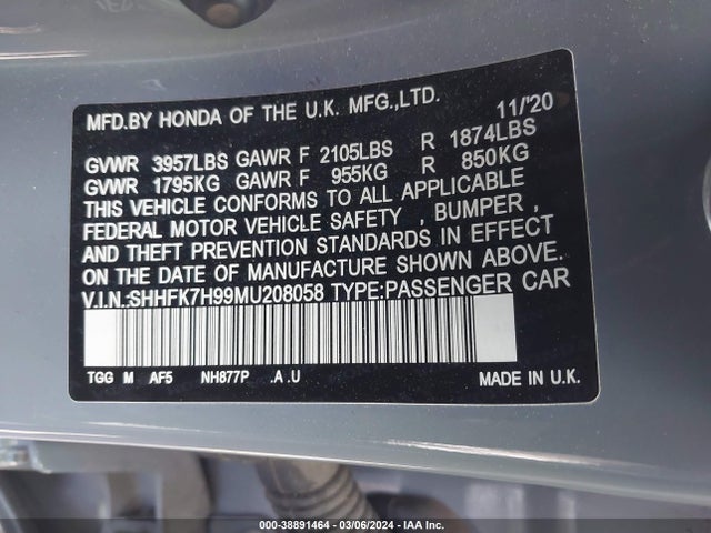 SHHFK7H99MU208058 Honda Civic Sport Touring