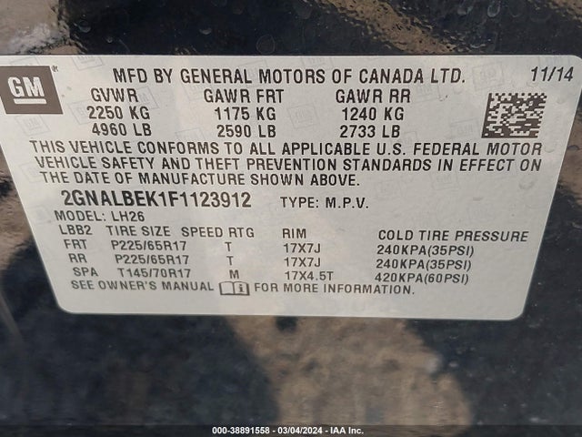 Chevrolet EQUINOX 1LT 2015 2GNALBEK1F1123912 Image 9