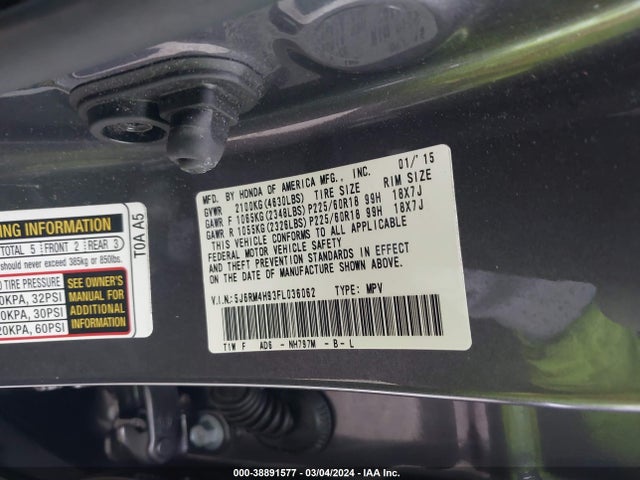 Honda Cr-v Touring 2015 5J6RM4H93FL036062 Image 9