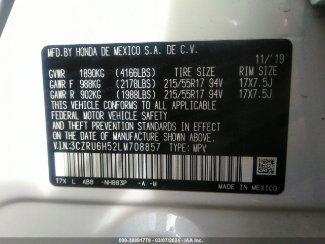 3CZRU6H52LM708857 Honda Hr-v Awd Ex