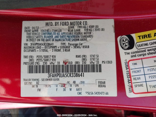 38891824 :رقم المزاد ، 3FAHP0JA5CR338641 vin ، 2012 Ford Fusion Sel مزاد بيع