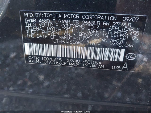 2008 Lexus Es 350 მანქანა იყიდება აუქციონზე, vin: JTHBJ46G682171674, აუქციონის ნომერი: 38891832