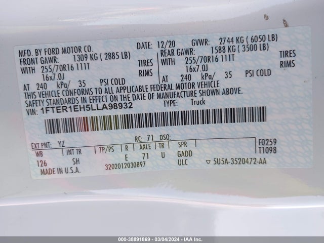 Ford RANGER XL 2020 1FTER1EH5LLA98932 Image 9