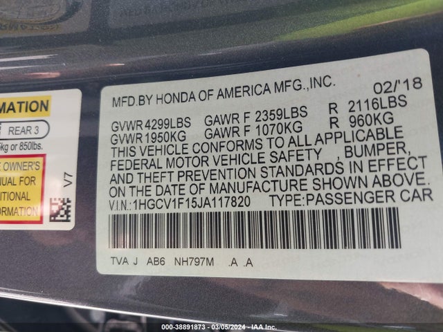 Honda ACCORD LX 2018 1HGCV1F15JA117820 Image 9