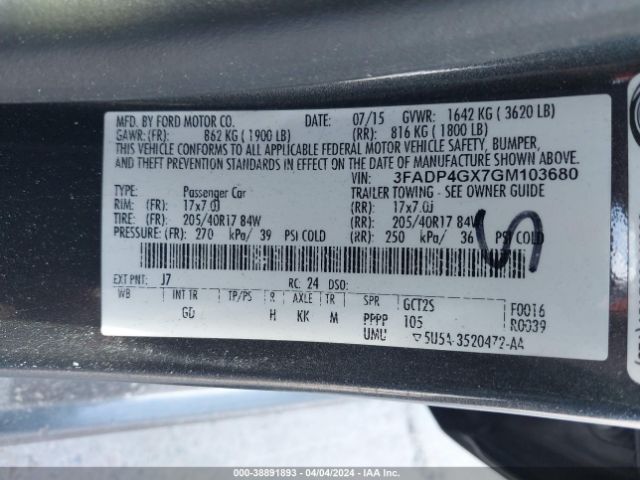 3FADP4GX7GM103680 Ford FIESTA ST
