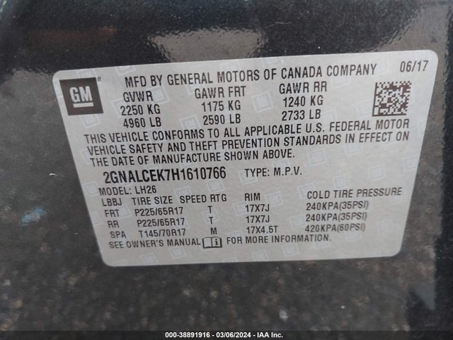 Chevrolet EQUINOX LT 2017 2GNALCEK7H1610766 Image 9