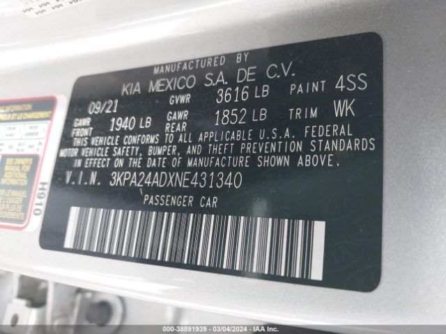 3KPA24ADXNE431340 KIA RIO S