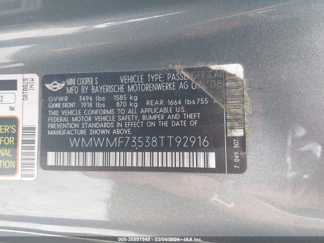 2008 MINI COOPER S WMWMF73538TT92916 Photo 8