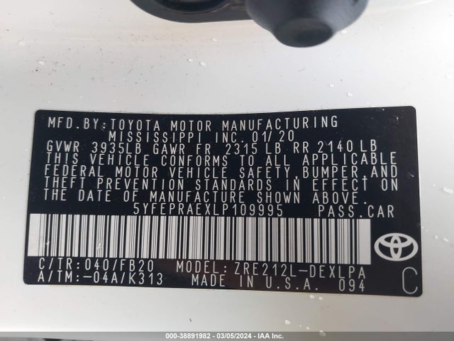 Toyota COROLLA LE 2020 5YFEPRAEXLP109995 Image 9