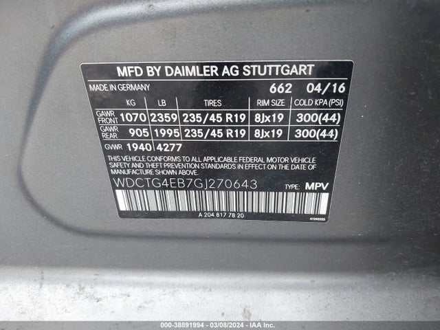 WDCTG4EB7GJ270643 Mercedes-Benz GLA 250