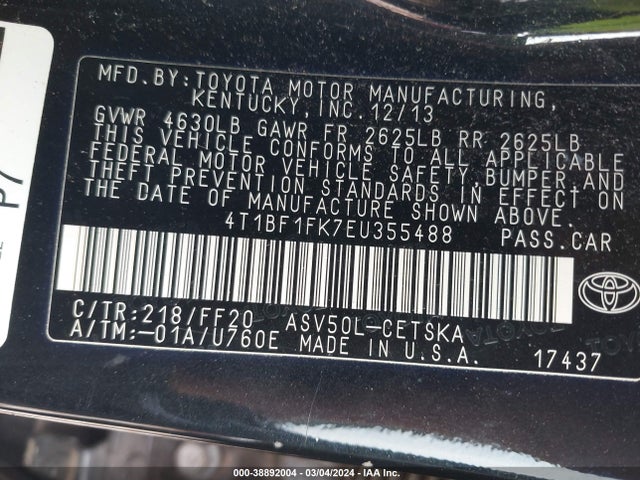 Toyota CAMRY SE 2014 4T1BF1FK7EU355488 Image 9