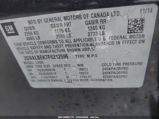 Chevrolet EQUINOX 1LT 2015 2GNALBEK7F6212595 Image 9