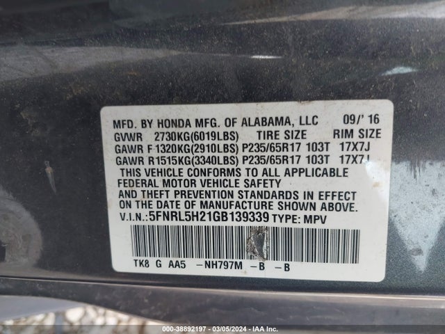 Honda ODYSSEY LX 2016 5FNRL5H21GB139339 Image 9