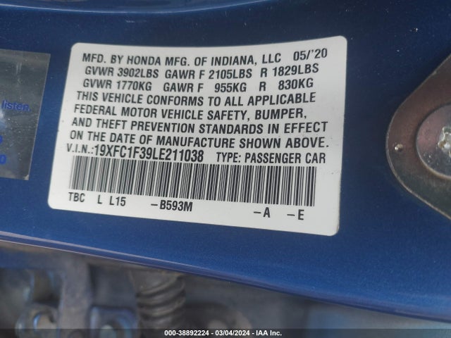 Honda CIVIC EX 2020 19XFC1F39LE211038 Image 9