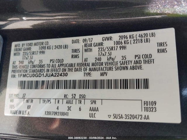 Ford ESCAPE SE 2018 1FMCU0GD1JUA22430 Image 9