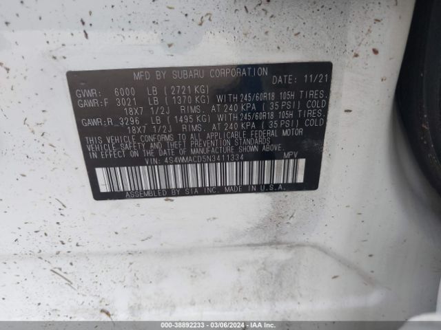 4S4WMACD5N3411334 Subaru Ascent Premium