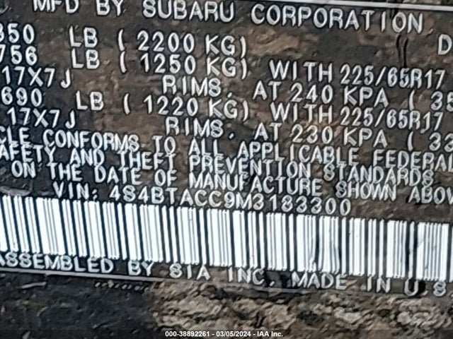 Subaru Outback Premium 2021 4S4BTACC9M3183300 Image 9