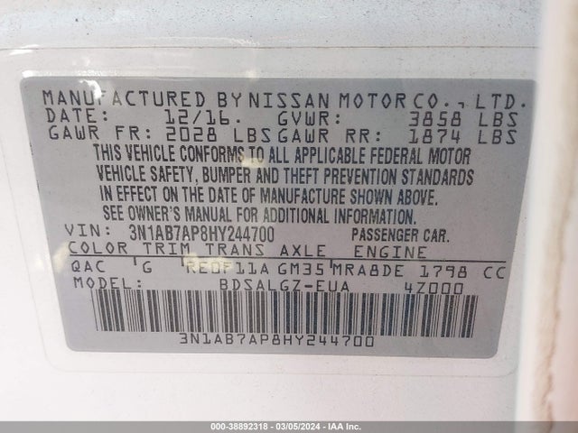 Nissan SENTRA SL 2017 3N1AB7AP8HY244700 Image 9