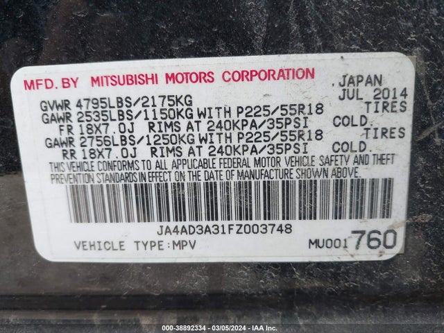 JA4AD3A31FZ003748 Mitsubishi Outlander Se