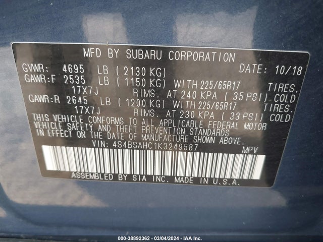 Subaru Outback 2.5i Premium 2019 4S4BSAHC1K3249587 Image 9