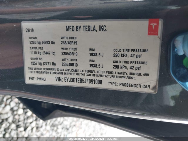 Tesla Model 3 Long Range/performance 2018 5YJ3E1EB5JF091008 Image 9