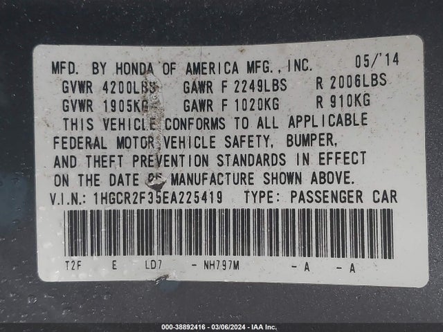 Honda ACCORD LX 2014 1HGCR2F35EA225419 Image 9