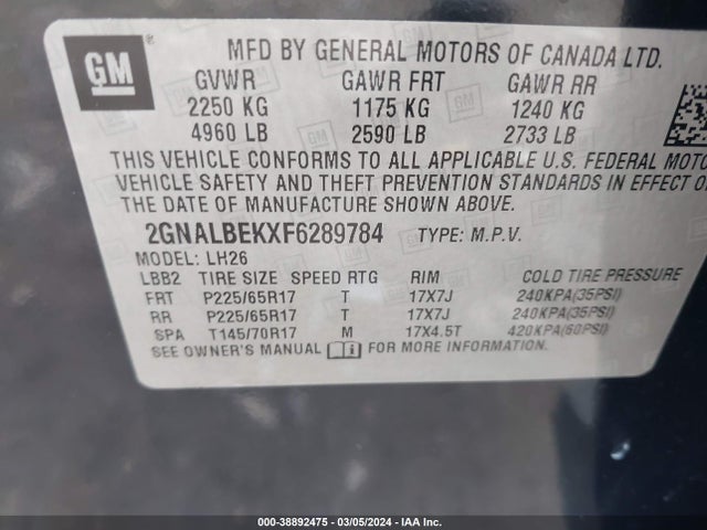 Chevrolet EQUINOX 1LT 2015 2GNALBEKXF6289784 Image 9