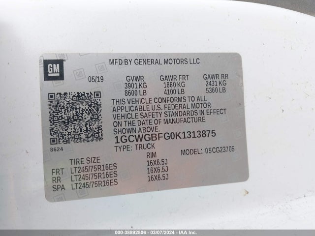 Chevrolet Express 2500 Work Van 2019 1GCWGBFG0K1313875 Image 9