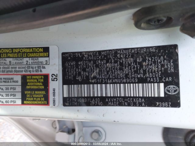 4T1F31AK4NU589069 Toyota Camry Xle Hybrid