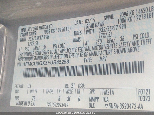 Ford ESCAPE SE 2015 1FMCU0GX3FUB45258 Image 9