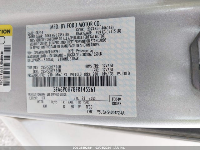 Ford FUSION SE 2015 3FA6P0H78FR145261 Image 9