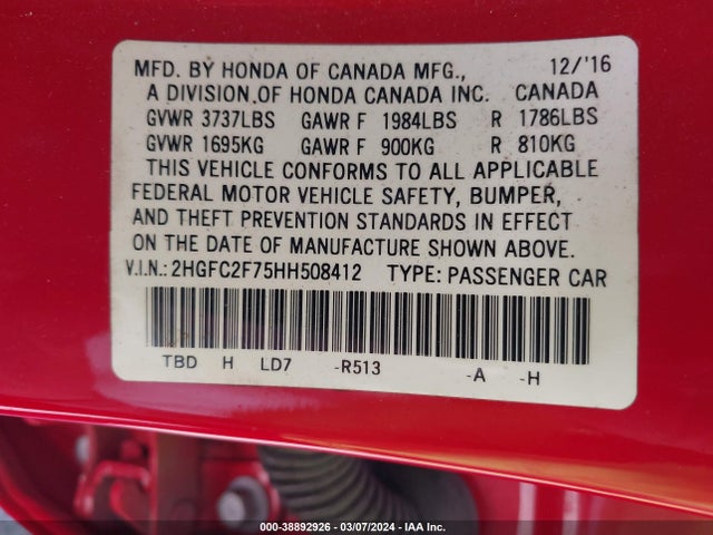Honda CIVIC EX 2017 2HGFC2F75HH508412 Image 9