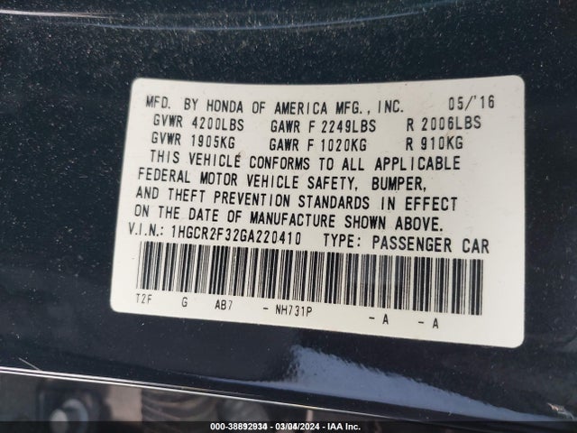 Honda ACCORD LX 2016 1HGCR2F32GA220410 Image 9