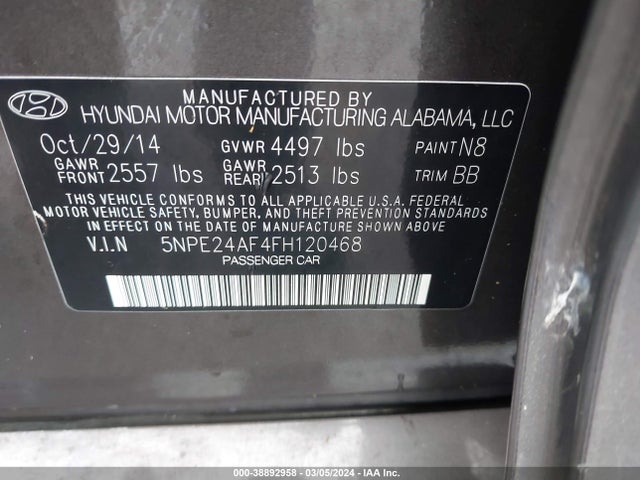 Hyundai SONATA SE 2015 5NPE24AF4FH120468 Image 9