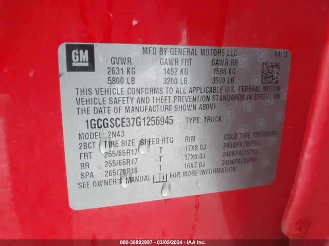 Chevrolet Colorado Lt 2016 1GCGSCE37G1256945 Image 9