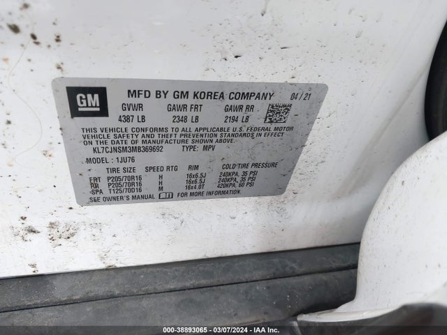 Chevrolet Trax Awd Ls 2021 KL7CJNSM3MB369692 Image 9