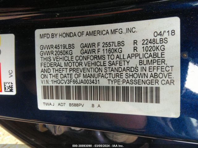1HGCV3F66JA003431 Honda Accord Hybrid Ex-l