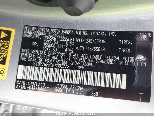 Toyota Highlander Limited 2019 5TDYZRFH3KS302778 Image 9