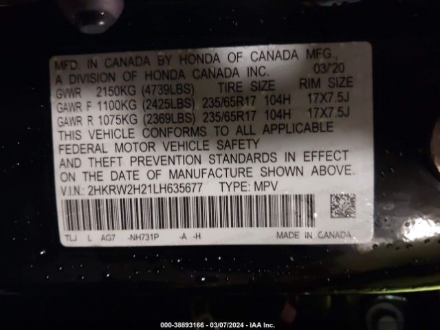 2HKRW2H21LH635677 Honda Cr-v Awd Lx