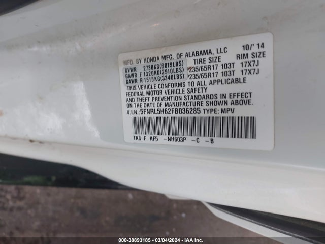 Honda Odyssey Ex-l 2015 5FNRL5H62FB036285 Image 9
