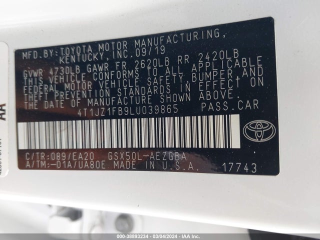 Toyota AVALON XLE 2020 4T1JZ1FB9LU039865 Image 9
