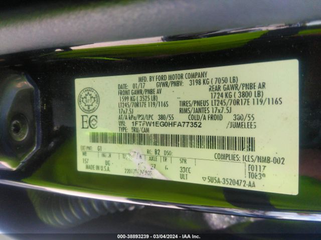 1FTFW1EG0HFA77352 Ford F-150 Xlt
