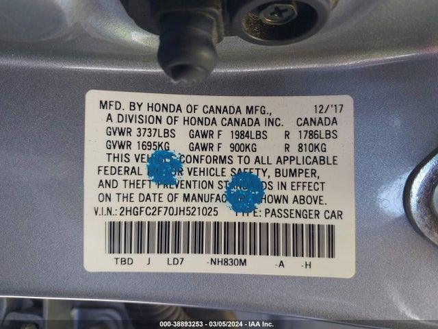 Honda CIVIC EX 2018 2HGFC2F70JH521025 Image 9