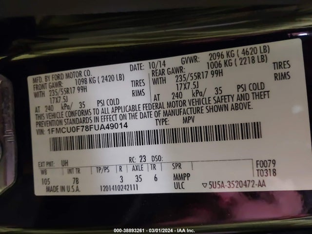 Ford ESCAPE S 2015 1FMCU0F78FUA49014 Image 9