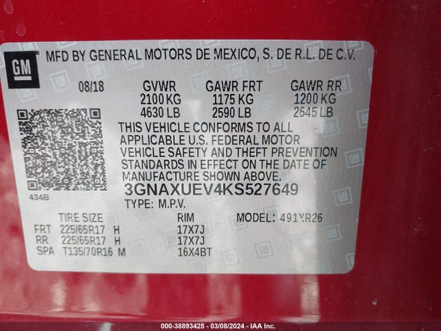 Chevrolet EQUINOX LT 2019 3GNAXUEV4KS527649 Image 9