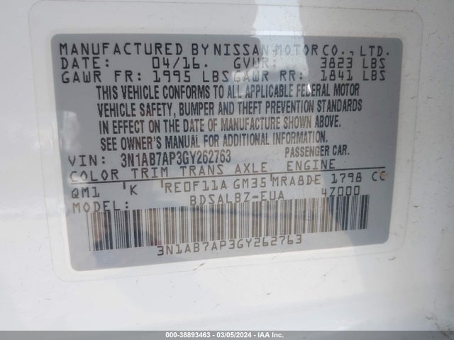 Nissan SENTRA S 2016 3N1AB7AP3GY262763 Image 9