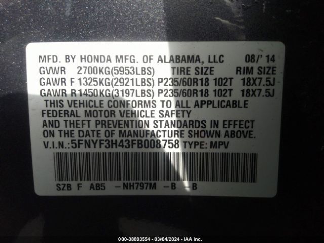 5FNYF3H43FB008758 Honda Pilot Ex